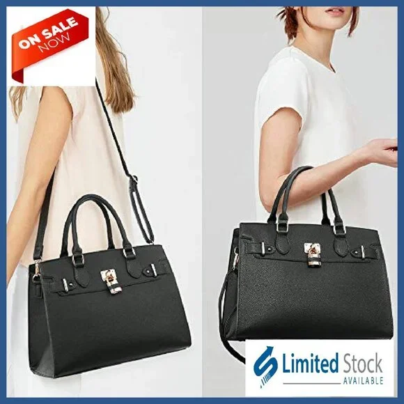 Vegan Leather Tote with Clutch, 13.5 Work Bag, Multiple Pockets